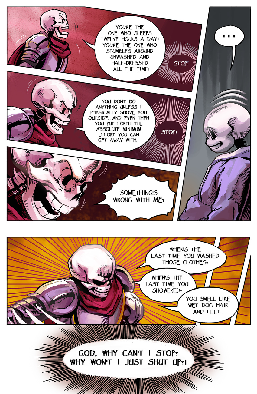 2017 angry animated_skeleton armor bone clothed clothing comic digital_media_(artwork) english_text fluffyslipper hi_res male not_furry papyrus_(undertale) sans_(undertale) skeleton teeth text undead undertale video_games