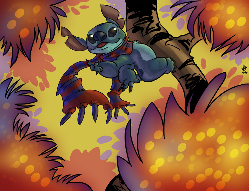 2011 4_arms 4_fingers 4_toes alien autumn back_markings black_claws black_eyes blue_fur blue_nose chest_tuft claws climbing digital_media_(artwork) disney donryu experiment_(species) fall fur hi_res lilo_and_stitch looking_at_viewer markings multi_arm multi_limb notched_ear open_mouth open_smile scarf signature smile solo stitch toes tree tuft