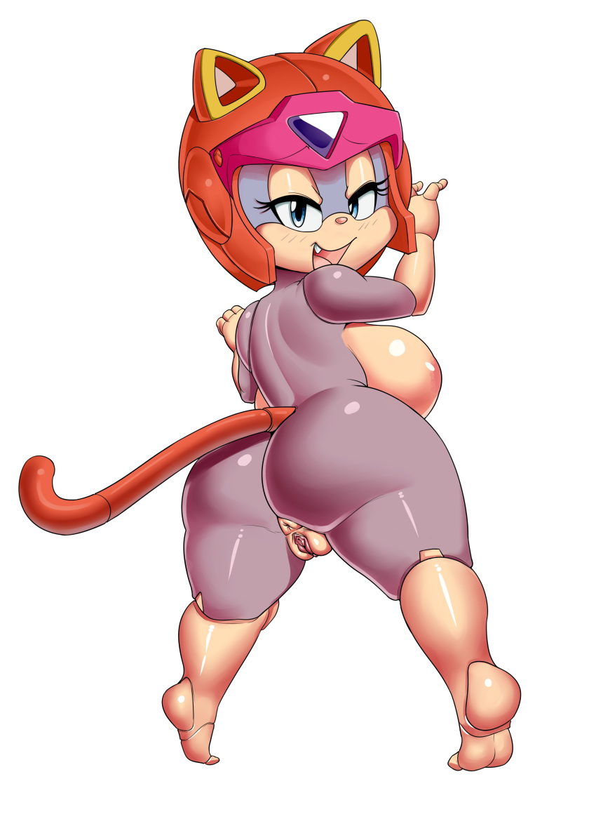 2017 anthro anus areola armor bedroom_eyes big_breasts big_butt blue_eyes blush breasts butt cat eyelashes feline female gray_impact half-closed_eyes helmet hi_res mammal nude open_mouth polly_esther pussy samurai_pizza_cats seductive short_stack simple_background solo white_background