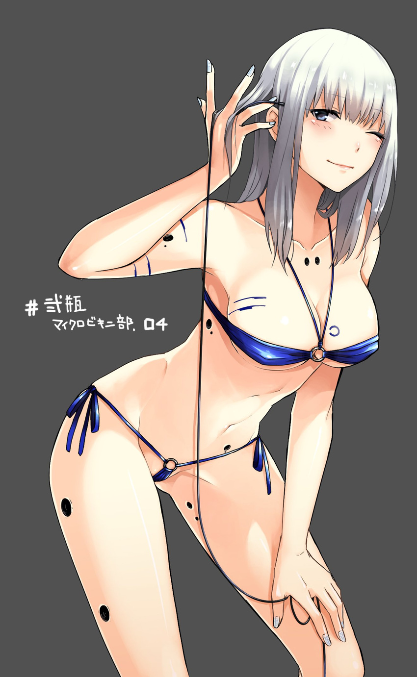 arm_up bare_shoulders bikini blame! blue_bikini blue_eyes blush breasts cable cibo cleavage closed_mouth collarbone commentary_request covered_nipples cowboy_shot cyborg eyebrows_visible_through_hair grey_background hand_on_own_thigh highres leaning_forward lips long_hair looking_at_viewer medium_breasts nail_polish navel o-ring o-ring_bikini o-ring_bottom o-ring_top one_eye_closed sakuma_tsukasa shiny shiny_skin silver_hair smile solo subdermal_port swimsuit