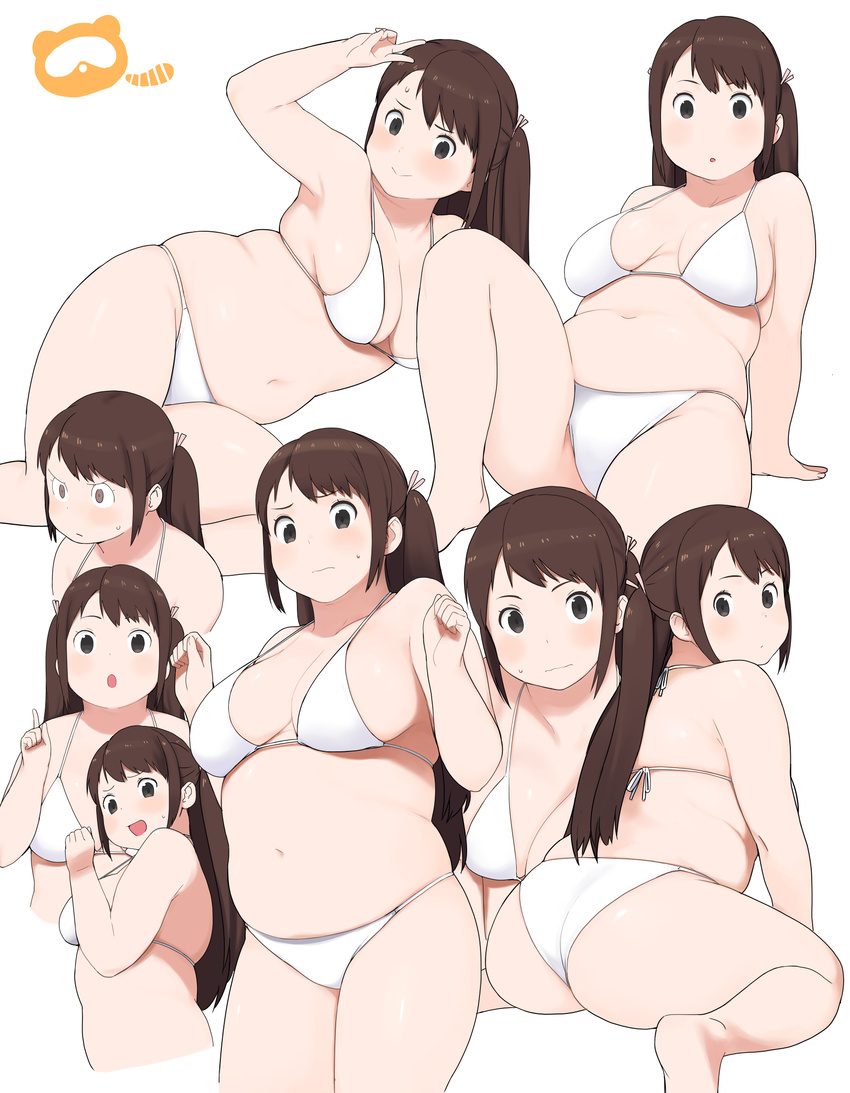 :d :o accio ass belly bikini blush breasts brown_hair cleavage commentary fat fat_folds hair_ribbon highres index_finger_raised kneeling long_hair looking_at_viewer lying medium_breasts muffin_top multiple_views navel on_side open_mouth original plump ribbon sitting smile string_bikini surprised sweatdrop swimsuit tanuma_miyuki thick_thighs thighs v wavy_mouth white_background white_bikini