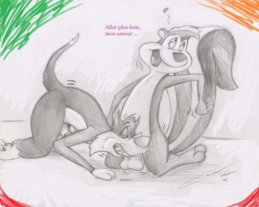 &lt;3 2012 anthro balls cat duo feline fellatio french_text gruine interspecies looney_tunes male male/male mammal monochrome oral penis pep&eacute;_le_pew sex simple_background sketch skunk sylvester text tongue traditional_media_(artwork) warner_brothers white_background