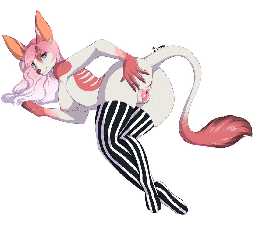 anthro bourbon._(artist) breasts clothing female jerboa legwear looking_at_viewer mammal nipples pussy rodent smile solo spread_pussy spreading thigh_highs