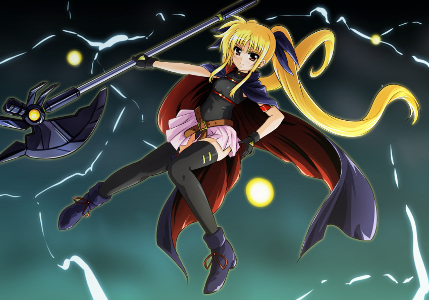 1girl arm_strap bardiche belt black_legwear black_leotard blonde_hair boots cape diesel-turbo eyebrows_visible_through_hair fate_testarossa gloves gradient gradient_background hair_ribbon leotard long_hair looking_at_viewer lyrical_nanoha magical_girl mahou_shoujo_lyrical_nanoha mahou_shoujo_lyrical_nanoha_the_movie_1st red_eyes ribbon showgirl_skirt sleeveless solo thighhighs twintails