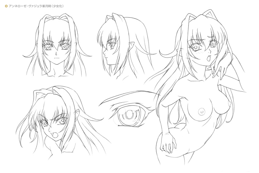 1girl annerose_vajra ass blush breasts character_sheet curvy female kagami_hirotaka koutetsu_no_majo_anneroze lilith-soft long_hair looking_at_viewer medium_breasts monochrome multiple_views nipples nude pointy_ears solo younger