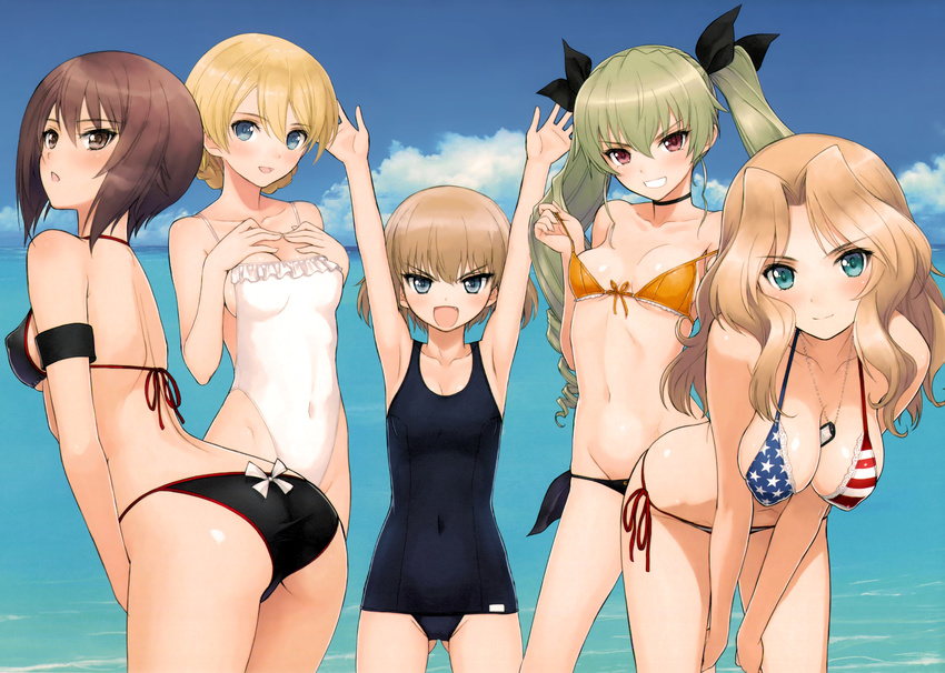 :d absurdres american_flag_bikini anchovy armpits arms_up ass ass_visible_through_thighs bangs bent_over between_breasts bikini black_bikini black_bikini_bottom blonde_hair blue_bikini breasts brown_eyes brown_hair casual_one-piece_swimsuit choker cleavage contrapposto covered_navel covered_nipples darjeeling day detexted dog_tags drill_hair fangs flag_print front-tie_bikini front-tie_top girls_und_panzer green_hair grin hair_between_eyes hands_on_own_chest highleg highleg_swimsuit highres horizon katyusha kay_(girls_und_panzer) large_breasts leaning_forward light_smile looking_at_viewer medium_breasts mismatched_bikini multiple_girls nishizumi_maho one-piece_swimsuit open_mouth orange_bikini_top outdoors outstretched_hand parted_bangs red_eyes scan school_swimsuit short_hair side-tie_bikini smile standing strap_slip swimsuit tanaka_takayuki third-party_edit twin_drills twintails v-shaped_eyebrows white_swimsuit