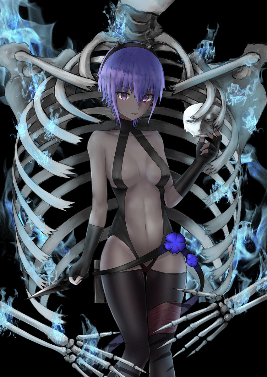 black_gloves black_hairband black_legwear breasts covered_nipples dark_skin fate/grand_order fate/prototype fate/prototype:_fragments_of_blue_and_silver fate_(series) fingerless_gloves gloves hairband hassan_of_serenity_(fate) highres kunai looking_at_viewer mask mask_removed medium_breasts navel purple_eyes purple_hair red_moon_(8632110) ribs short_hair skeleton smile solo weapon