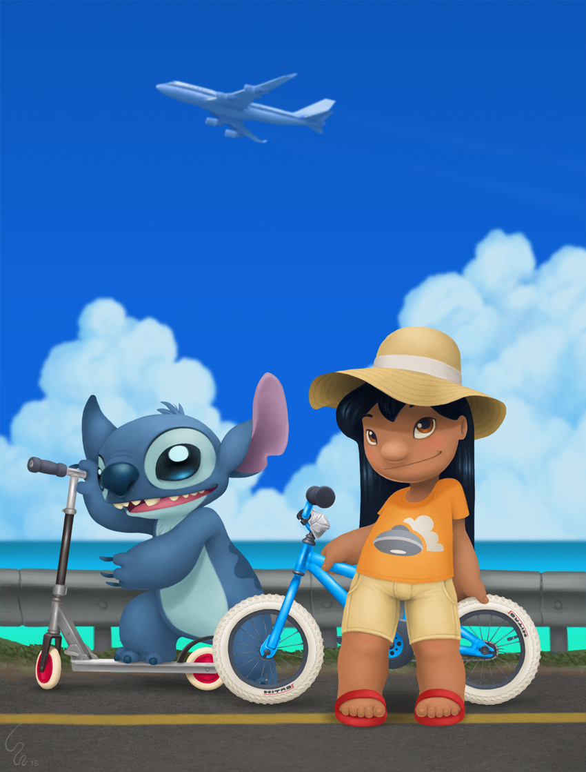 2015 4_fingers aircraft airplane alien back_markings bicycle black_hair blue_claws blue_eyes blue_fur blue_nose brown_eyes chest_tuft claws clothed clothing depth_of_field detailed_background digital_media_(artwork) digital_painting_(artwork) disney duo experiment_(species) footwear fur guard_rail hair hat head_tuft horizon human lilo_and_stitch lilo_pelekai looking_at_viewer mammal markings open_mouth open_smile ribera road sandals scooter sea seaside shirt shorts sky smile stitch t-shirt tuft ufo water watermark