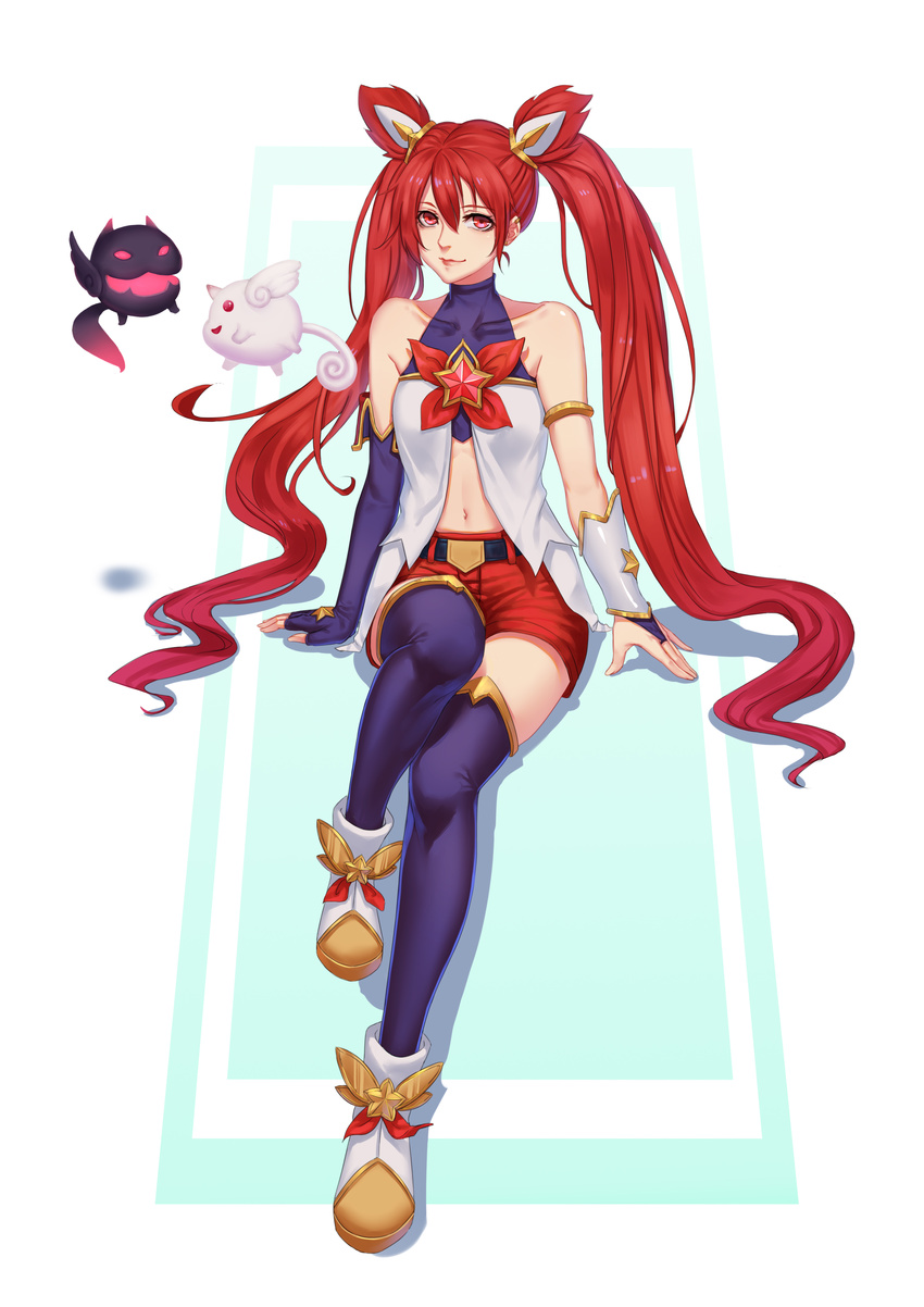 1girl alternate_costume alternate_hair_color alternate_hairstyle bare_shoulders belt black_gloves black_legwear earrings elbow_gloves fingerless_gloves flat_chest gloves hair_ornament horn jewelry jinx_(league_of_legends) kuro_(league_of_legends) league_of_legends lipstick long_hair magical_girl red_bow red_bowtie red_eyes red_hair red_lips shiro_(league_of_legends) short_shorts shorts star_guardian_jinx thighhighs tied_hair twintails very_long_hair