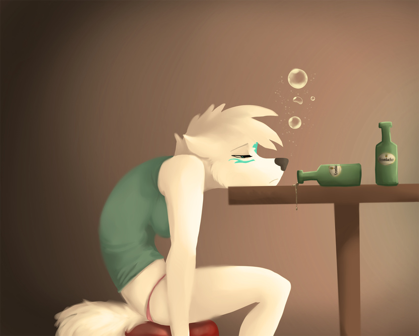 2012 alcohol anthro beverage black_nose blue_eyes bottle canine clothed clothing cyndi cyndi_(character) depression digital_media_(artwork) drunk female fur hair hi_res mammal simple_background sitting solo table white_fur white_hair wolf