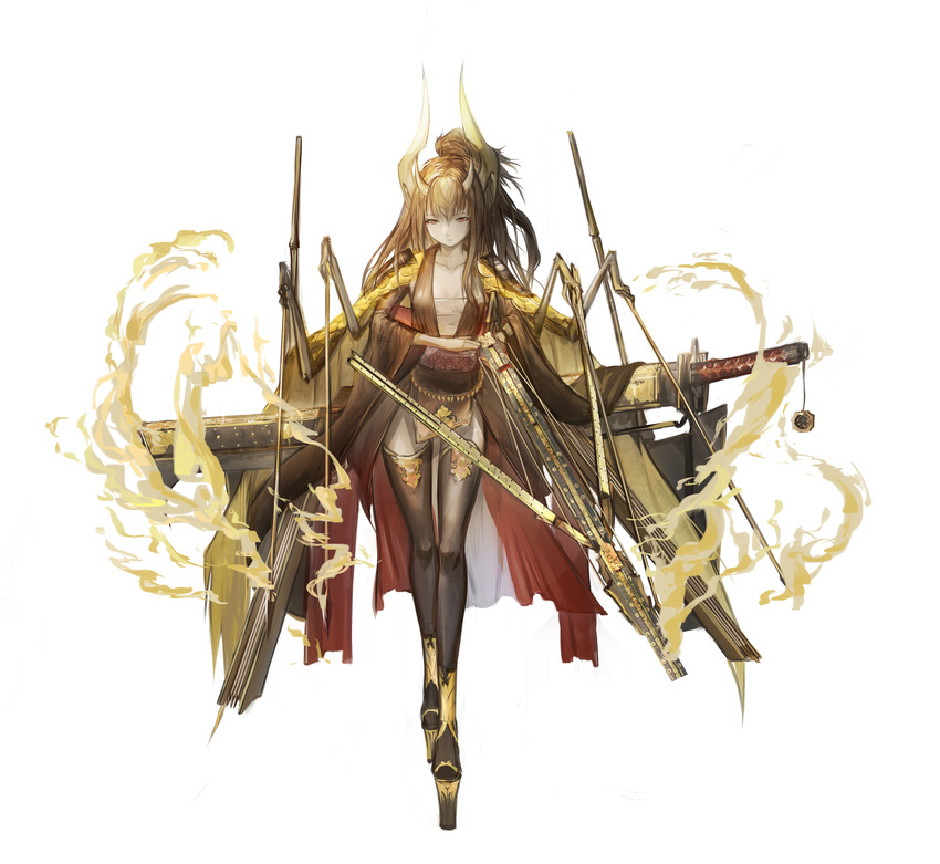 absurdres bandages bangs blonde_hair bow_(weapon) breasts brown_legwear chain closed_mouth crossbow expressionless eyelashes facial_mark fire full_body gold_chain gradient_hair high_heels highres holding holding_weapon horns japanese_clothes jewelry katana long_hair looking_at_viewer magic medium_breasts multicolored_hair original pendant red_eyes sa'yuki shoes sickle simple_background skeleton solo sword thighhighs traditional_clothes walking watermark weapon white_background wide_sleeves wings zettai_ryouiki