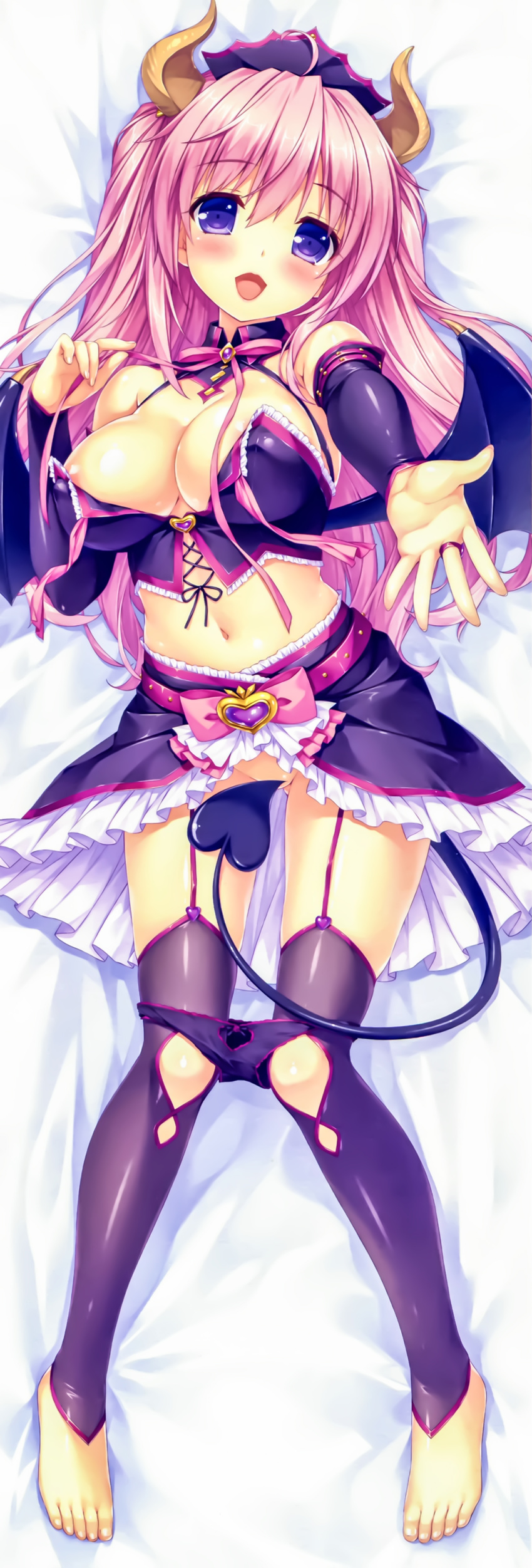 absurdres amethyst areola_slip areolae arm_warmers bangs bare_shoulders barefoot bed_sheet belt blush boku_to_koi_suru_ponkotsu_akuma. bow breasts cleavage corset covered_nipples dakimakura demon_girl demon_horns demon_tail demon_wings detached_collar eyebrows_visible_through_hair fingernails from_above full_body garter_straps gem hair_between_eyes hair_ornament heart highres horns jewelry kiritani_riria large_breasts long_hair looking_at_viewer lying midriff navel neck_ribbon on_back open_mouth outstretched_arm outstretched_hand panties panty_pull pink_belt pink_bow pink_hair pink_ribbon purple_eyes purple_legwear purple_panties purple_skirt ribbon ring sayori shiny shiny_clothes shiny_skin skirt smile solo tail tail_censor thighhighs toenails underwear wings