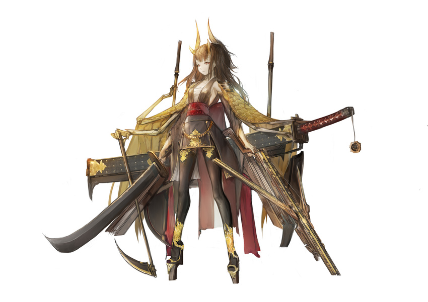 absurdres bandages bangs bare_shoulders breasts brown_hair brown_legwear chain cloak closed_mouth detached_sleeves expressionless eyelashes full_body gold_chain gradient_hair high_heels highres holding holding_sword holding_weapon horns japanese_clothes jewelry katana long_hair looking_away magic medium_breasts multicolored_hair original outstretched_arms pendant red_eyes sa'yuki shoes sickle simple_background skeleton solo standing sword thighhighs traditional_clothes warrior watermark weapon white_background wings zettai_ryouiki