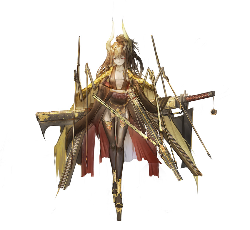 absurdres bandages bangs blonde_hair bow_(weapon) breasts brown_legwear chain closed_mouth crossbow expressionless eyelashes facial_mark full_body gold_chain gradient_hair high_heels highres holding holding_bow_(weapon) holding_weapon horns japanese_clothes jewelry katana long_hair looking_at_viewer magic medium_breasts multicolored_hair original pendant red_eyes sa'yuki shoes sickle simple_background skeleton solo sword thighhighs traditional_clothes walking watermark weapon white_background wide_sleeves wings zettai_ryouiki