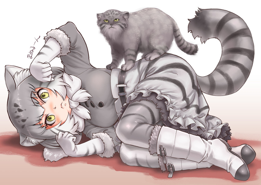 3: animal animal_ears animal_print belt black_belt boots buttons cat cat_ears cat_tail clenched_hands closed_mouth eyebrows_visible_through_hair frilled_skirt frills full_body fur-trimmed_boots fur-trimmed_sleeves fur_trim gloves gradient_hair grey grey_hair grey_legwear grey_shirt grey_skirt high-waist_skirt kemono_friends knee_boots kosai_takayuki legs_together long_sleeves looking_at_viewer lying multicolored_hair on_side onomatopoeia pallas's_cat pallas's_cat_(kemono_friends) pantyhose paw_pose petticoat print_gloves print_legwear print_skirt shadow shirt short_hair skirt spotted_hair striped striped_gloves striped_legwear striped_skirt striped_tail tail translation_request tsurime two-tone_hair whiskers white_background white_footwear white_gloves white_hair yellow_eyes