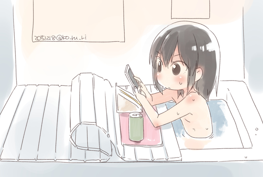 :/ bathing bathroom bathtub blush brown_eyes brown_hair can cellphone chibi closed_mouth dated expressionless food hair_between_eyes highres holding holding_phone indoors kantai_collection koruri nude partially_submerged phone ripples sandwich sendai_(kantai_collection) shiny shiny_hair short_hair sitting smartphone soda_can solo twitter_username upper_body v-shaped_eyebrows water_drop wet