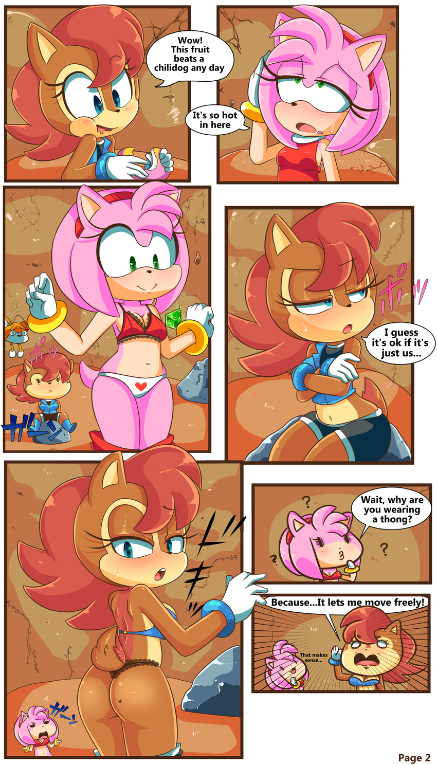 &lt;3 2017 absurd_res amy_rose anthro breasts brown_fur chipmunk cleavage clothed clothing duo female fur hair hearlesssoul hedgehog hi_res mammal navel panties pink_hair red_hair rodent sally_acorn sonic_(series) tails_doll thong underwear undressing