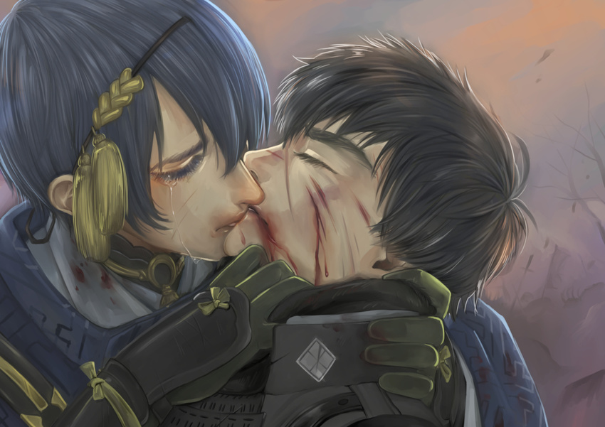 black_gloves black_hair blood blood_on_face blue_hair closed_eyes doudanuki_masakuni gloves injury japanese_clothes kiss male_focus mikazuki_munechika multiple_boys sayagata scar tears touken_ranbu uminchu_(sskbbcmng) yaoi