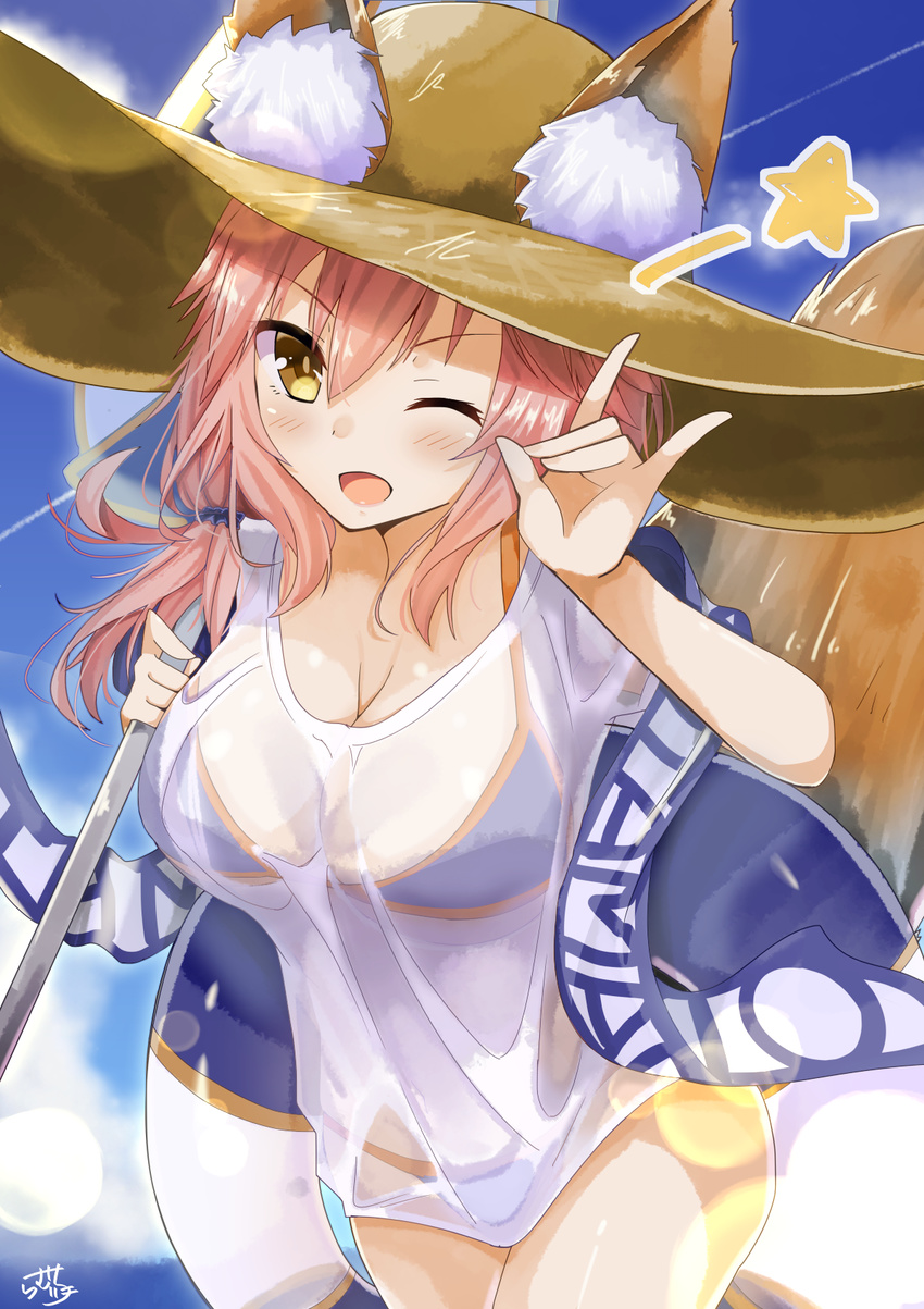 ;d animal_ears beach_umbrella bikini bikini_under_clothes blue_bikini blue_sky blush breasts brown_hat cleavage closed_umbrella commentary_request condensation_trail day ears_through_headwear fate/extra fate/grand_order fate_(series) fox_ears fox_shadow_puppet fox_tail hair_between_eyes hair_ornament hair_scrunchie hat highres holding holding_umbrella innertube large_breasts leaning_forward lens_flare long_hair looking_at_viewer low-tied_long_hair no_pants one_eye_closed open_mouth outdoors pink_hair ramchi scrunchie see-through shawl shirt signature sky smile standing star straw_hat string_bikini sun_hat swimsuit t-shirt tail tamamo_(fate)_(all) tamamo_no_mae_(fate) tamamo_no_mae_(swimsuit_lancer)_(fate) thighs umbrella v-shaped_eyebrows wet wet_clothes wet_shirt wet_t-shirt yellow_eyes
