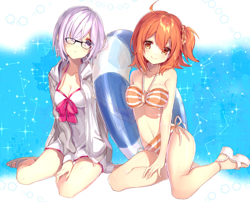 ahoge alternate_costume bikini black-framed_eyewear brilliant_summer chano_hinano eyes_visible_through_hair fate/grand_order fate_(series) fujimaru_ritsuka_(female) glasses hair_ornament hair_over_one_eye hair_scrunchie highres hood hooded_jacket jacket looking_at_viewer looking_to_the_side mash_kyrielight multicolored multicolored_bikini multicolored_clothes multiple_girls navel o-ring o-ring_top open_clothes open_jacket orange_eyes orange_hair orange_scrunchie platform_footwear purple_eyes purple_hair sandals scrunchie short_hair side-tie_bikini side_ponytail sitting smile stomach striped striped_bikini swimsuit swimsuit_of_perpetual_summer thighs