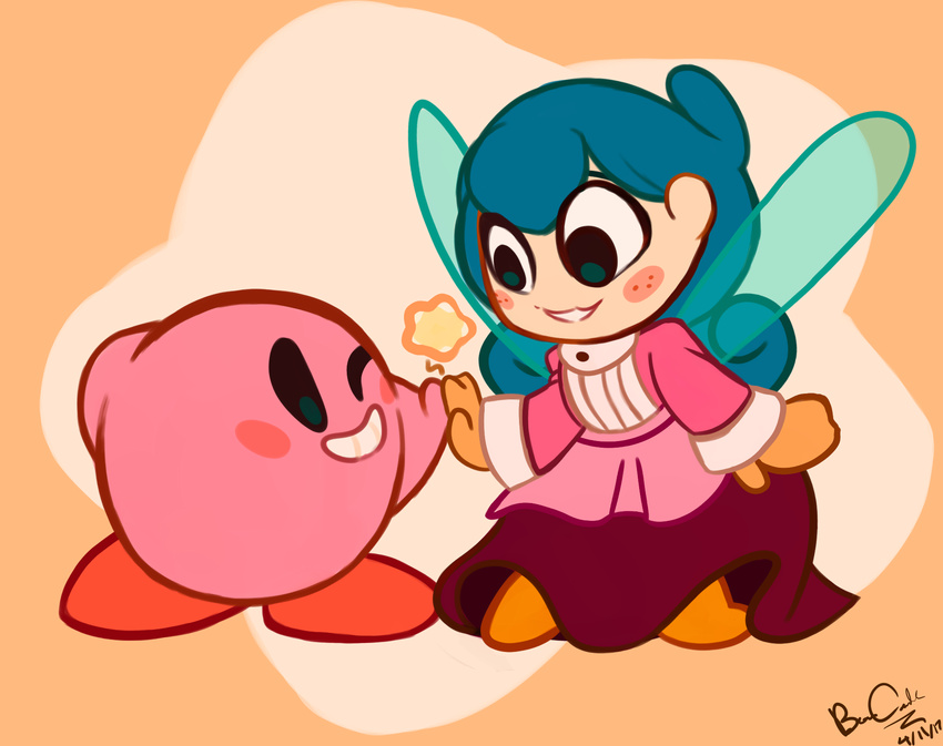 ambiguous_gender clothing dress fairy female green_eyes high_five humanoid insect_wings kirby kirby_(series) nintendo not_furry one_eye_closed open_mouth open_smile orange_background rosy_cheeks screeadee simple_background smile star vamella_(screeadee) video_games waddling_head wings wink