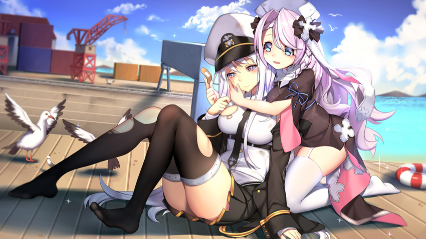 :d animal asymmetrical_hair azur_lane bandaid bird black_dress black_jacket black_legwear black_neckwear black_skirt blue_eyes blue_ribbon blue_sky blurry blush braid breasts buttons closed_mouth cloud collared_shirt commentary_request container crane cross day depth_of_field dress enterprise_(azur_lane) full_body garter_straps greetload hand_on_another's_cheek hand_on_another's_face hand_on_own_chest harbor hat highres historical_event holding jacket kneehighs knees_up large_breasts leaning_forward lifebuoy long_hair long_sleeves military military_uniform miniskirt multiple_girls necktie no_shoes ocean off_shoulder open_clothes open_jacket open_mouth outdoors peaked_cap pier pink_hair pleated_skirt purple_eyes ribbon seagull shirt short_sleeves sitting skirt sky sleeves_past_wrists smile sparkle tareme thighhighs thighs torn_clothes torn_legwear torn_shirt underbust uniform very_long_hair vestal_(azur_lane) water white_hat white_shirt wide_sleeves wing_collar zettai_ryouiki