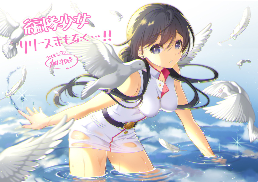 absurdres animal belt bird black_hair breasts commentary dove formation_girls hair_bun hatomori_miu highres impossible_clothes kamura_poku long_hair medium_breasts sleeveless solo wading wet wet_clothes