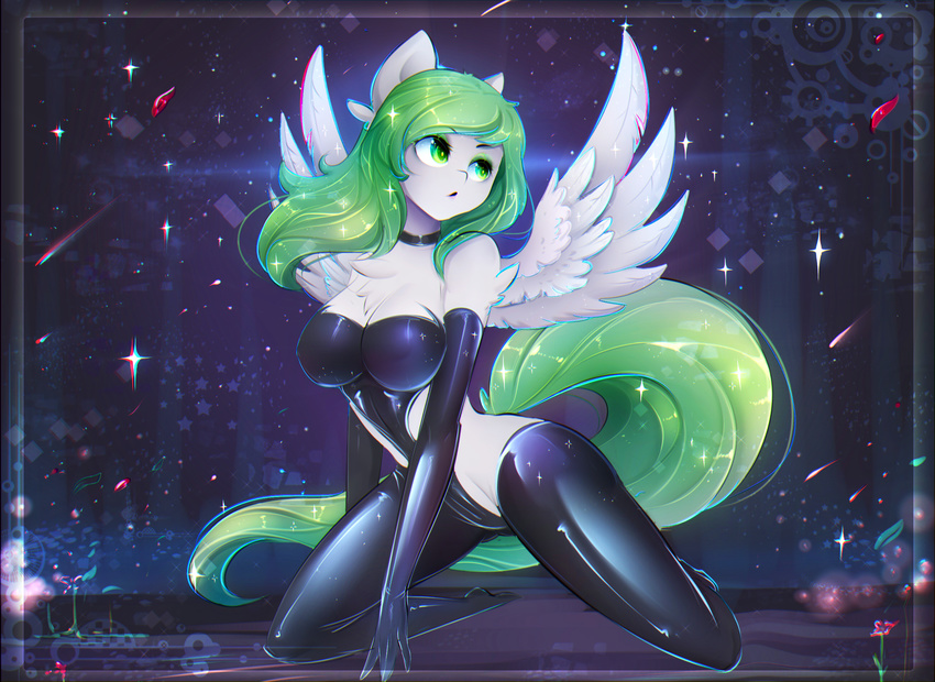 anthro breasts clothed clothing equine eyelashes fan_character feathered_wings feathers female fur kneeling koveliana mammal my_little_pony pegasus rubber white_feathers white_fur wide_hips wings