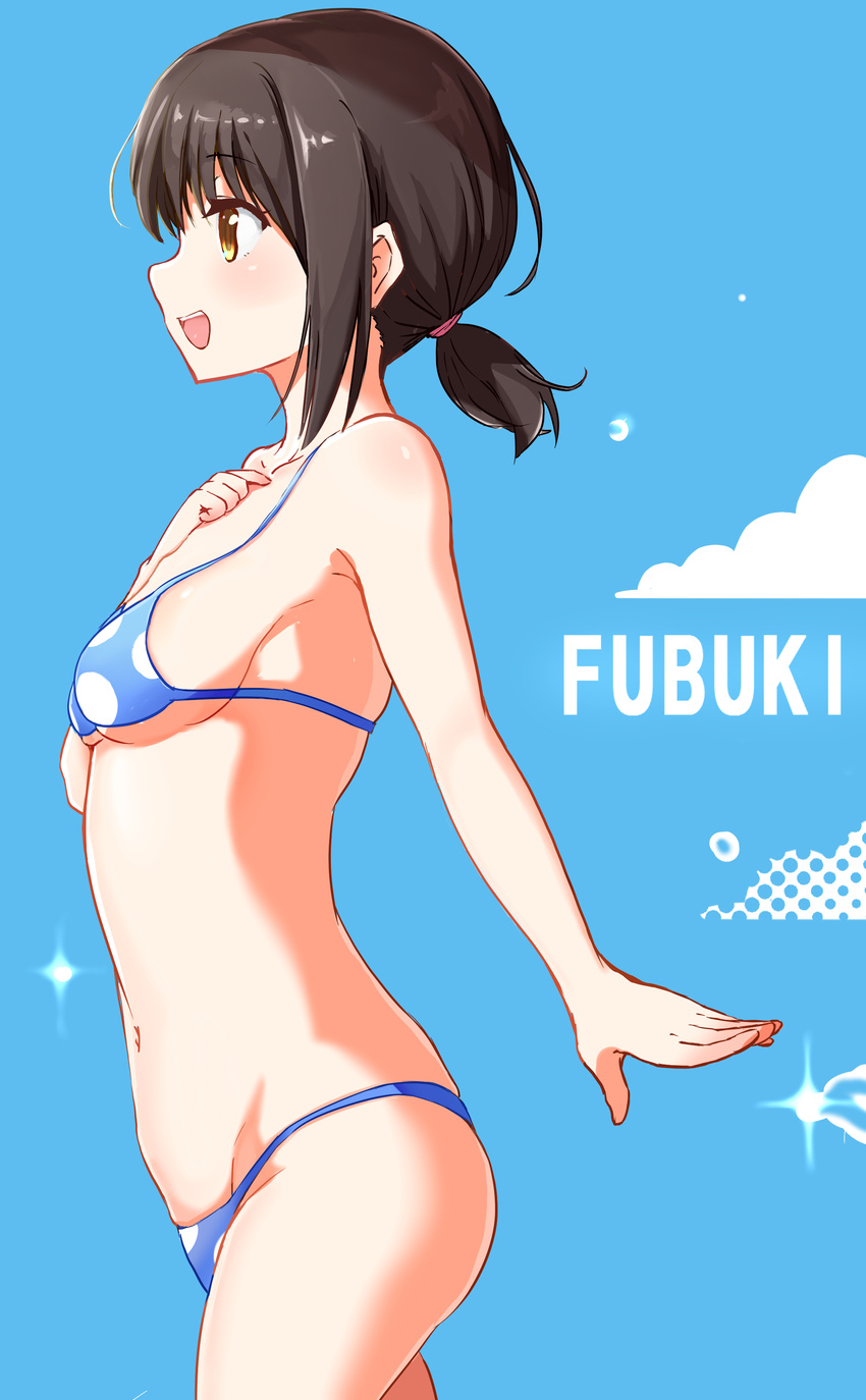 :d absurdres bare_arms bare_shoulders bikini blue_background blue_bikini breasts brown_eyes brown_hair character_name fubuki_(kantai_collection) highres kantai_collection maeshimashi open_mouth polka_dot polka_dot_bikini short_hair short_ponytail small_breasts smile solo swimsuit teeth