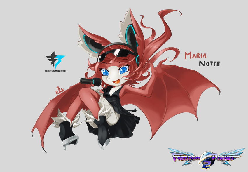 2017 anrock3 anthro bat bat_wings blue_eyes breasts clothed clothing dress eyewear fangs female footwear freedom_planet freedom_planet_2 fruit_bat fur hair hairband high_heels mammal maria_notte membranous_wings microphone multicolored_fur open_mouth red_fur red_hair shoes shorts signature simple_background solo sunglasses text tongue video_games white_fur wings