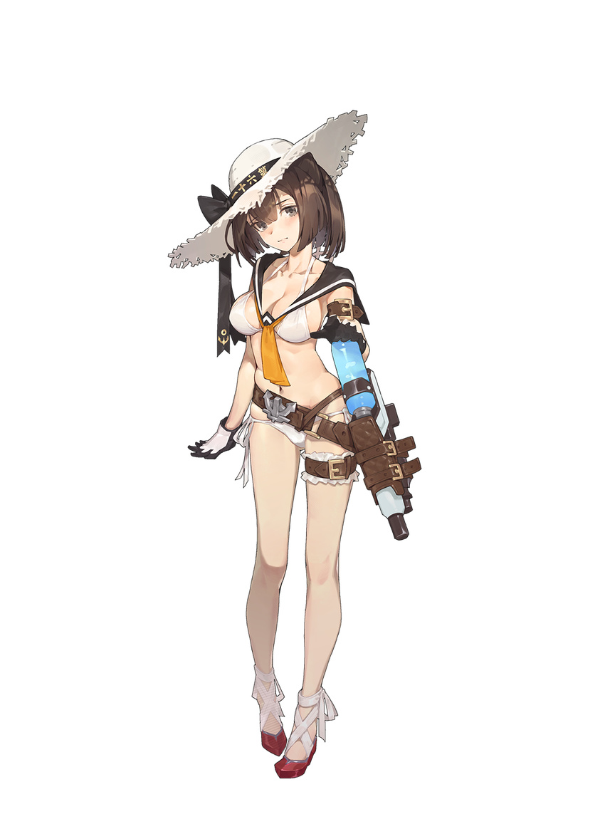 akizuki_(kantai_collection) alternate_breast_size alternate_costume bare_shoulders bikini breasts brown_eyes brown_hair character_name cleavage clothes_writing collarbone contrapposto copyright_name front-tie_top full_body gloves groin hair_between_eyes hat head_tilt high_heels highres kantai_collection looking_at_viewer lowleg lowleg_bikini medium_breasts midriff navel ponytail rainli red_footwear sailor_collar shoes side-tie_bikini skindentation standing sun_hat swimsuit thighs thong transparent_background water_gun white_bikini white_hat