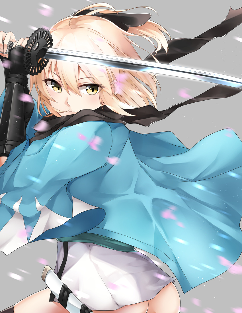 28aarts absurdres ass bangs black_legwear blonde_hair closed_mouth commentary_request eyebrows_visible_through_hair fate_(series) grey_background hair_between_eyes half_updo haori highres holding holding_sword holding_weapon japanese_clothes katana kimono koha-ace looking_at_viewer okita_souji_(fate) okita_souji_(fate)_(all) petals ponytail short_kimono sidelocks simple_background solo sword thighhighs unsheathed weapon white_kimono yellow_eyes