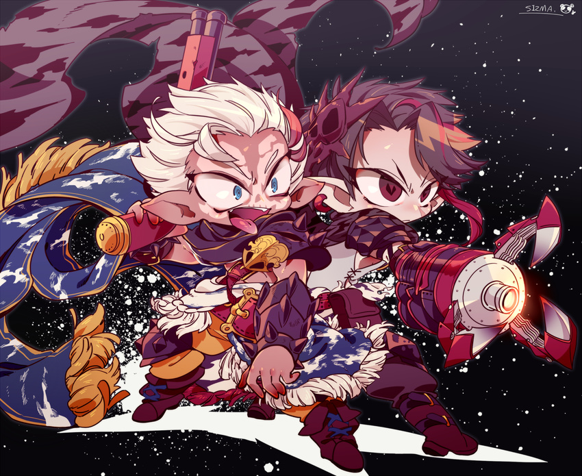 1girl artist_name balurga blue_eyes boots brown_hair cape dark_skin earrings facial_mark granblue_fantasy gun harvin heart heart-shaped_pupils highres jewelry mask mask_on_head mechanical_arm multicolored_hair open_mouth pointy_ears red_eyes scarf sizma skull_(granblue_fantasy) symbol-shaped_pupils teeth tongue tongue_out two-tone_hair weapon white_hair