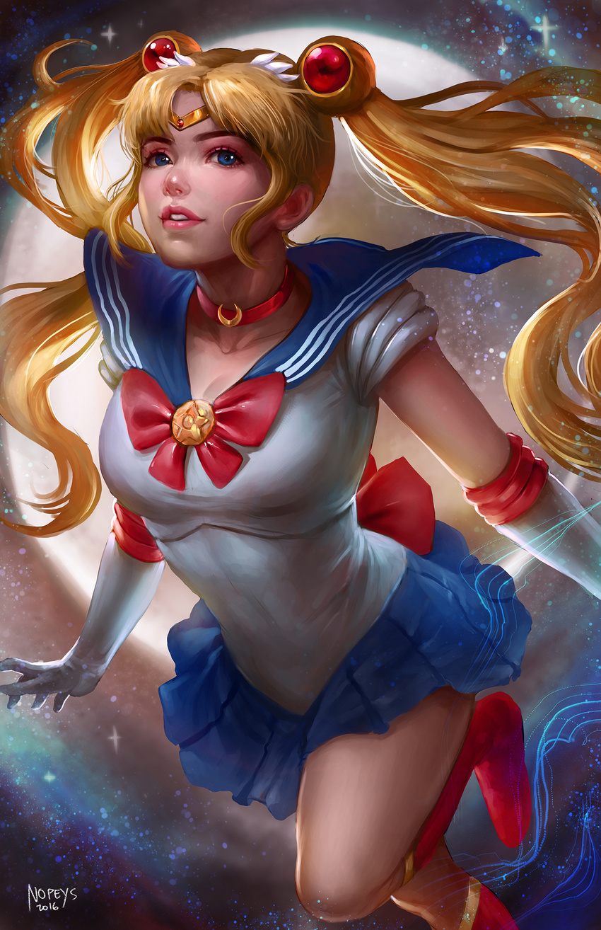 2016 absurdres artist_name bishoujo_senshi_sailor_moon blonde_hair blue_sailor_collar blue_skirt boots bow bowtie breasts choker circlet collarbone commentary crescent crescent_moon double_bun elbow_gloves full_moon gloves heart heart_choker highres knee_boots leg_up long_hair looking_at_viewer magical_girl medium_breasts moon norman_de_mesa parted_lips pink_lips pleated_skirt realistic red_bow red_choker red_footwear red_neckwear sailor_collar sailor_moon sailor_senshi_uniform school_uniform serafuku skirt solo sparkle tsukino_usagi twintails very_long_hair white_gloves