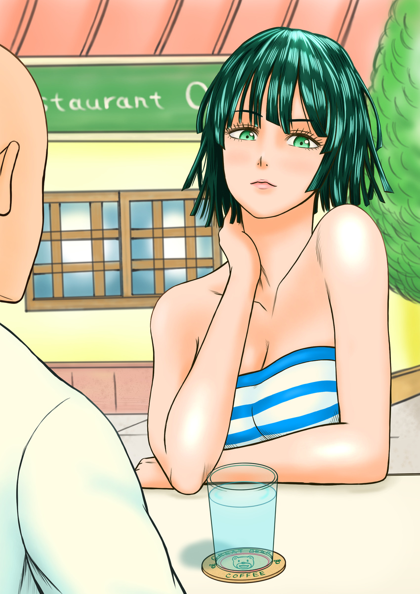 1girl absurdres bare_shoulders black_hair breasts cleavage cup dan_tetsuo fubuki_(one-punch_man) green_eyes hand_on_neck highres large_breasts looking_at_viewer one-punch_man saitama_(one-punch_man) short_hair solo_focus strapless tubetop