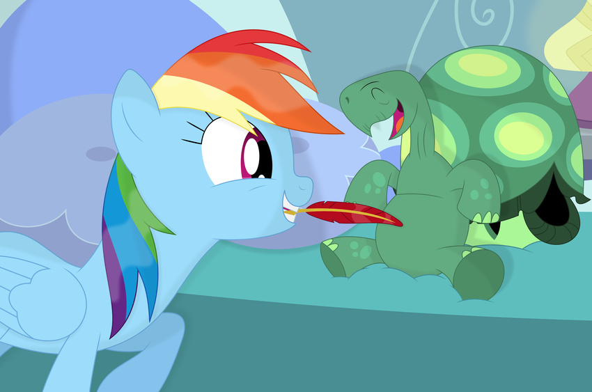 bed feathers featureless_crotch friendship_is_magic green_skin hair laugh multicolored_hair my_little_pony nude porygon2z rainbow_dash_(mlp) reptile scalie shadow shell shell-less slightly_chubby tank_(mlp) tickling tortoise turtle