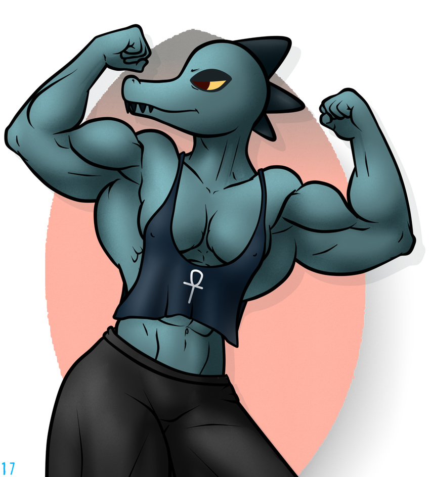 abs alligator bea_(nitw) biceps breasts clothed clothing crocodilian female flexing muscular muscular_female navel night_in_the_woods pants reptile scalie shirt skimpy solo stx70 teeth