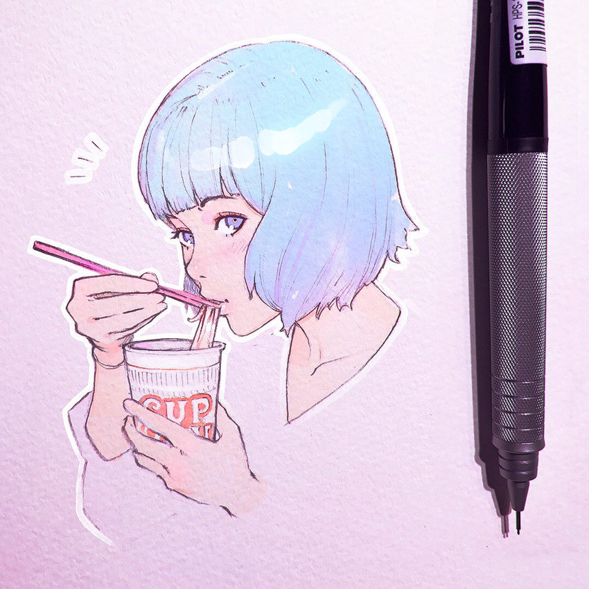 bangs blue_eyes blue_hair blunt_bangs chopsticks cup_ramen eating food holding holding_chopsticks ilya_kuvshinov looking_at_viewer md5_mismatch mechanical_pencil noodles original pencil photo short_hair simple_background solo