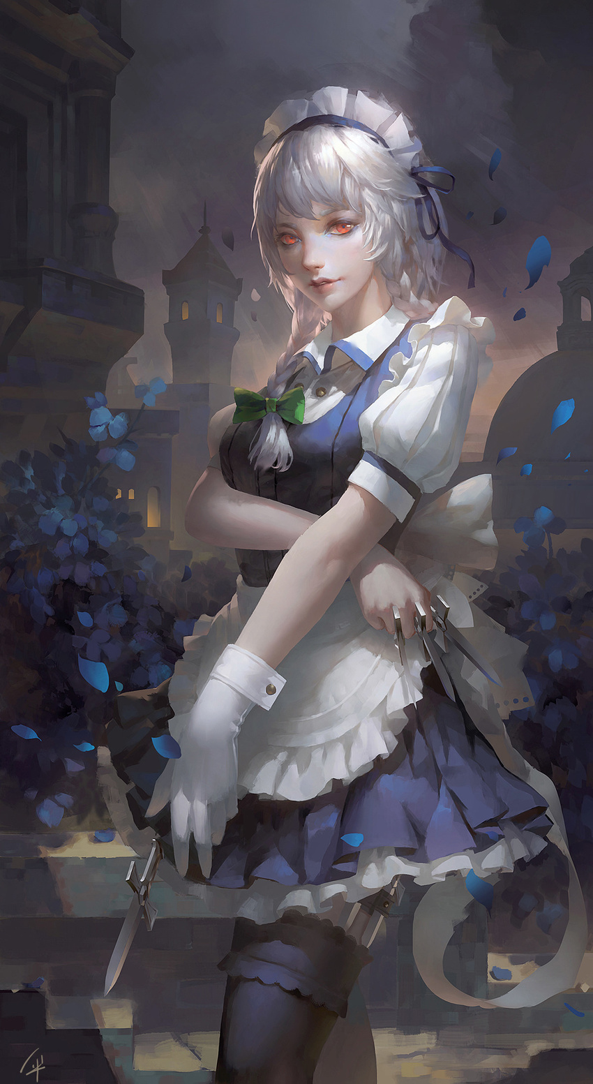 apron black_legwear blue_flower blue_skirt bow braid building flower frilled_skirt frills gloves hair_bow hair_ribbon highres holding holding_knife holding_weapon izayoi_sakuya knife knives_between_fingers kusi_de_san_gu lips lipstick looking_at_viewer maid maid_headdress makeup night night_sky orange_eyes outdoors parted_lips petals pink_lipstick plant pleated_skirt puffy_short_sleeves puffy_sleeves ribbon short_sleeves silver_hair single_glove skirt sky smile solo teeth thighhighs thighs touhou tower twin_braids waist_apron weapon wrist_cuffs