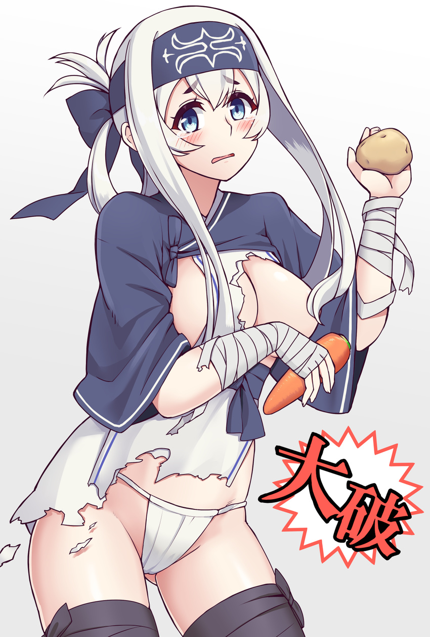 ainu ainu_clothes black_legwear blue_eyes breasts carrot cerasus commentary_request cropped_jacket dress folded_ponytail fundoshi hair_censor hair_over_breasts headband highres japanese_clothes kamoi_(kantai_collection) kantai_collection large_breasts long_hair long_sleeves looking_at_viewer open_mouth potato sidelocks sleeveless sleeveless_dress solo tearing_up thick_eyebrows thighhighs torn_clothes white_background white_dress white_hair