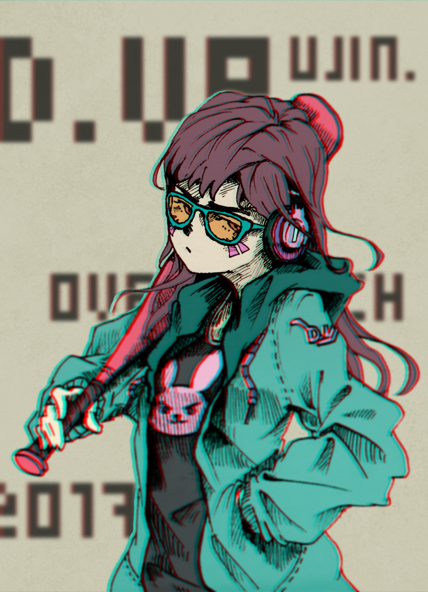 absurdres baseball_bat brown_hair chromatic_aberration d.va_(overwatch) delinquent highres long_hair overwatch solo sunglasses you_ren