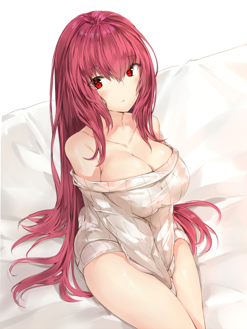 bare_shoulders breasts cleavage collarbone eyebrows_visible_through_hair fate/grand_order fate_(series) highres large_breasts long_hair looking_at_viewer raised_eyebrows red_eyes red_hair ribbed_sweater scathach_(fate)_(all) scathach_(fate/grand_order) silver_(chenwen) sitting solo sweater thighs turtleneck turtleneck_sweater v_arms very_long_hair