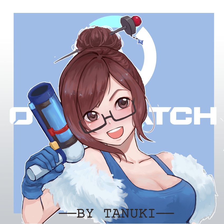 absurdres artist_name bad_perspective beads black-framed_eyewear blue_gloves blue_shirt breasts brown_eyes brown_hair cleavage copyright_name glasses gloves hair_bun hair_ornament hair_stick highres holding holding_weapon large_breasts looking_at_viewer mei_(overwatch) open_mouth overwatch shirt short_hair smile tank_top tanuki_(675252682) upper_body weapon