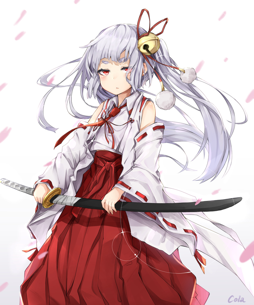 absurdres artist_name bare_shoulders bell black_cola blush busou_shoujo_machiavellism cherry_blossoms commentary_request detached_sleeves hair_bell hair_ornament highres holding holding_weapon inaba_tsukuyo japanese_clothes long_hair looking_at_viewer miko petals red_eyes sheath silver_hair solo sword twintails weapon white_background wide_sleeves