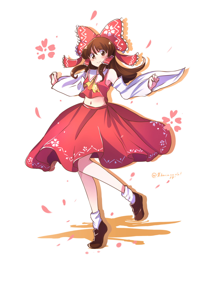 ascot bare_shoulders blush bow breasts brown_eyes brown_hair detached_sleeves full_body hair_bow hair_tubes hakurei_reimu hibarin_(hibari-chan) highres long_hair looking_at_viewer medium_breasts midriff navel nontraditional_miko outstretched_arms shadow shoes sidelocks smile socks solo touhou transparent_background twitter_username