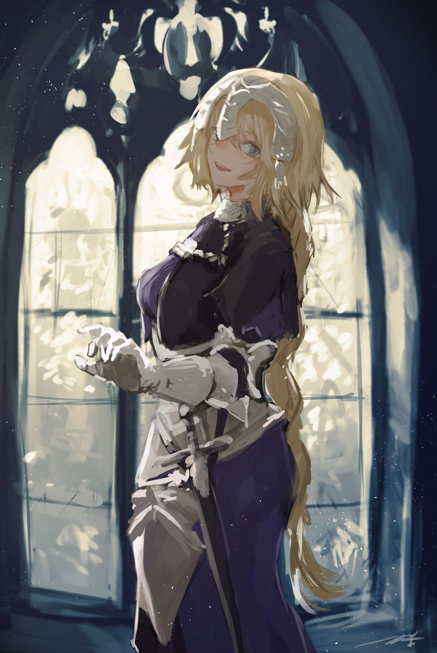 absurdres armor armored_dress blonde_hair blue_eyes braid capelet fate/apocrypha fate/grand_order fate_(series) gauntlets headpiece highres jeanne_d'arc_(fate) jeanne_d'arc_(fate)_(all) kouzuki_kei long_hair looking_at_viewer open_mouth sheath sheathed smile solo sword very_long_hair weapon