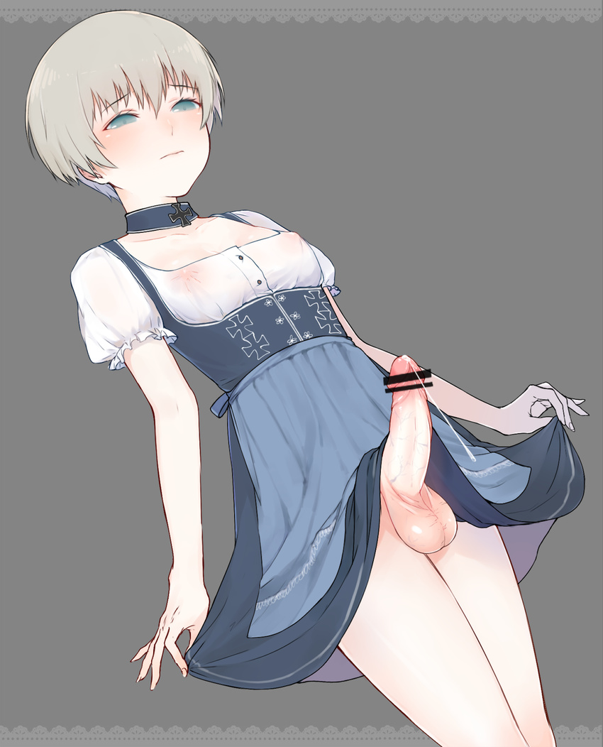 apron bar_censor blonde_hair blue_eyes blue_skirt blush breasts censored choker closed_mouth collarbone commentary_request covered_nipples cross_print cum cumdrip dirndl dutch_angle embarrassed erection frilled_sleeves frills from_below frown genderswap genderswap_(ftm) german_clothes grey_background half-closed_eyes high-waist_skirt highres iron_cross kantai_collection light_frown looking_down male_focus otoko_no_ko penis puffy_chest puffy_short_sleeves puffy_sleeves shirt short_hair short_sleeves simple_background skirt skirt_hold skirt_lift small_breasts solo standing suspenders testicles thighs thy456 veins veiny_penis waist_apron white_apron white_shirt z1_leberecht_maass_(kantai_collection)