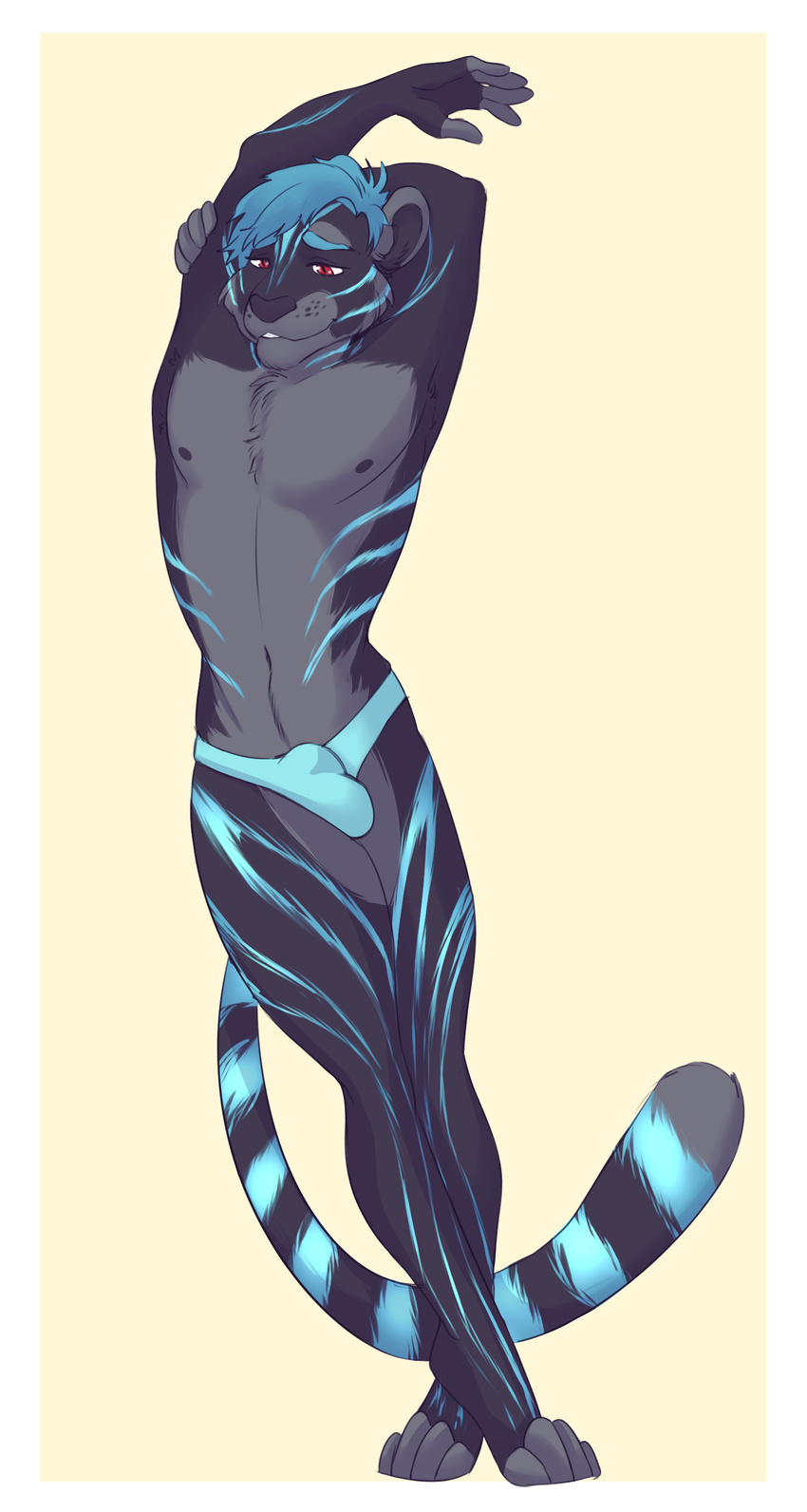 anthro bioluminescence black_fur blue_fur blue_hair bulge carmeo_(character) clothing feline fur glowing grey_fur hair male mammal red_eyes solo tiger underwear wasabitea