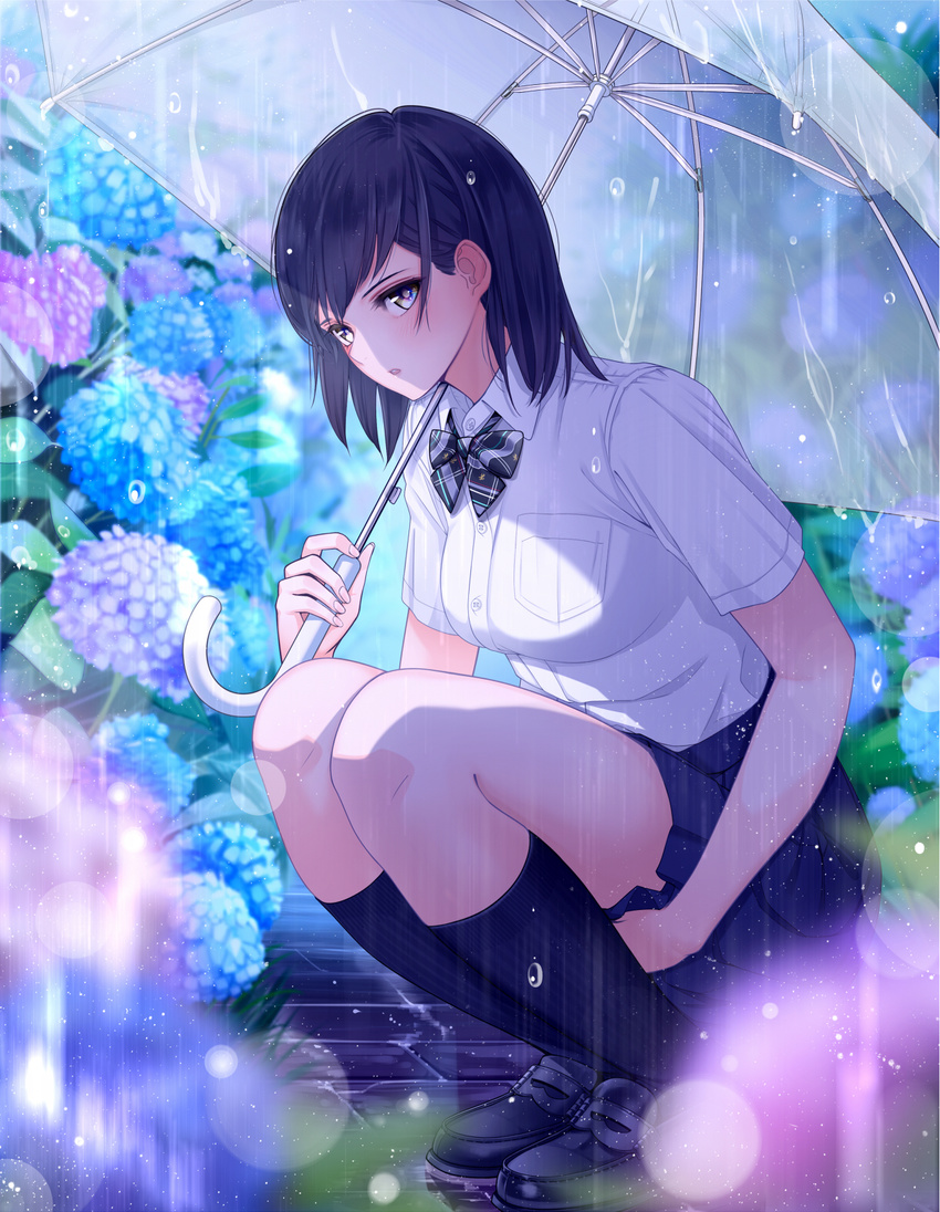bangs black_hair blue_skirt blurry blush bokeh breasts commentary_request depth_of_field flower giba_(out-low) highres holding holding_umbrella hydrangea legs_together loafers looking_at_viewer medium_breasts navy_blue_legwear original outdoors parted_lips pleated_skirt rain ribbed_legwear school_uniform shoes short_sleeves skirt skirt_tug solo squatting umbrella yellow_eyes