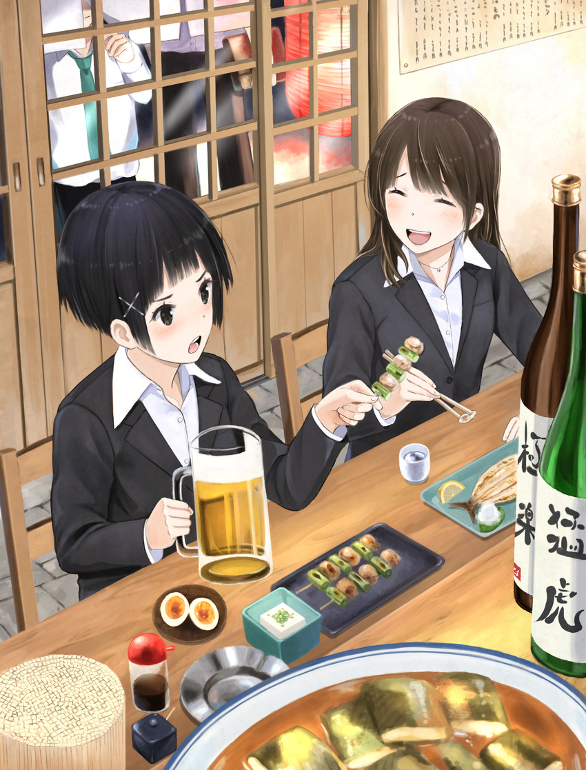 2girls :d ^_^ alcohol ashtray bad_perspective bangs beer beer_mug black_eyes black_hair black_jacket bottle brown_hair business_suit chair choko_(cup) chopsticks closed_eyes collared_shirt commentary_request counter cup door dress_shirt drinking_glass food formal from_above fruit hair_ornament hard-boiled_egg highres holding holding_chopsticks holding_cup indoors izakaya jacket jewelry lantern laughing lemon lemon_slice long_hair long_sleeves looking_at_another meal meat multiple_boys multiple_girls necklace office_lady open_mouth original paper_lantern petite plate restaurant sake_bottle shirt short_hair sitting skewer smile soy_sauce stone_floor suit taka_(tsmix) tofu wing_collar x_hair_ornament